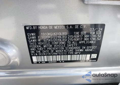 2024 Honda Hr-V 2Wd Ex-L/2Wd Ex-L W/O Bsi from USA, damaged, VIN 3CZRZ1H72RM752212